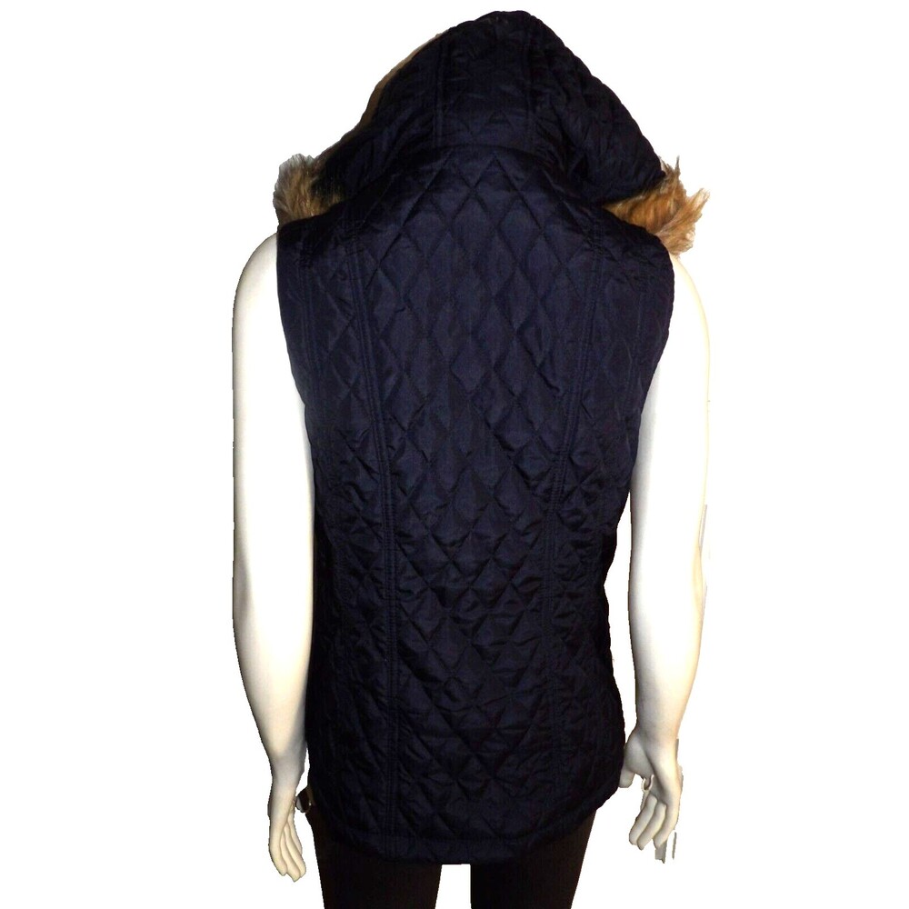 Black Rivet Navy Blue GIII Puffer Quilted Vest Faux Fur Trimmed Hood Sm Pockets - Picture 5 of 16